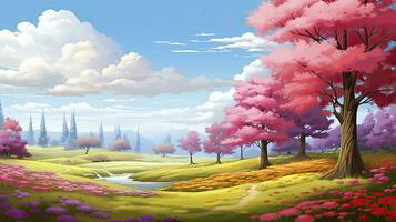 AI generated Spring season with colorful flowers and trees in a pretty meadow or field. AI Generated. photo