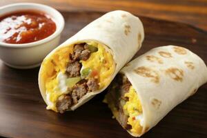 AI generated Breakfast burrito with sausage, eggs, hashbrown and cheese. AI Generated photo