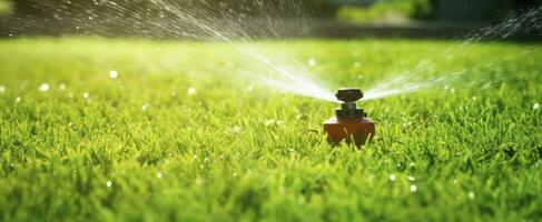 AI generated Automatic garden lawn sprinkler in action watering grass. AI Generated photo