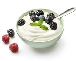 AI generated Green bowl of greek yogurt and fresh berries isolated on white background. AI Generated photo