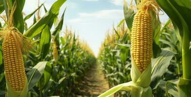 AI generated Closeup corn cobs in corn plantation field. Generative AI photo