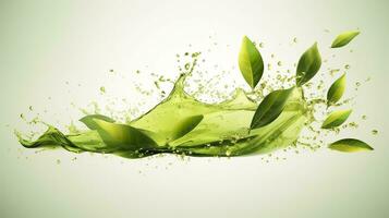 AI generated Green herbal tea wave splash with leaves flow. AI Generated photo