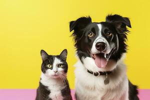 ai generado gato y perro juntos con contento expresiones en amarillo antecedentes. ai generado foto