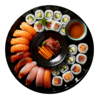 Sushi on black plate, top view with transparent background png