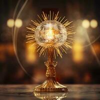 AI generated The golden monstrance with a little transparent crystal center, consecrated host. church defocused background. AI Generative photo