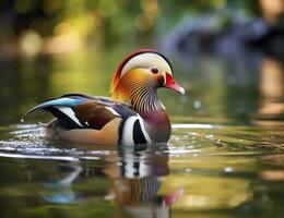 AI generated Closeup of mandarin duck swimming in lake. generative AI. photo