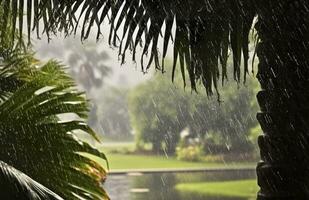 ai generado lluvia en el zona tropical durante el bajo temporada o monzón estación. gotas de lluvia en un jardín. generativo ai foto