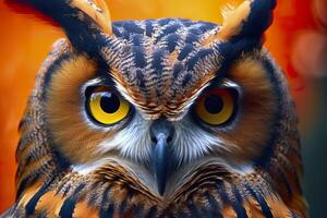 AI generated Owl headshot with closeup of face. Generative AI photo