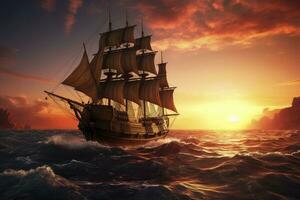 AI generated Pirate ship sailing on the ocean at sunset. Vintage cruise. AI Generated photo