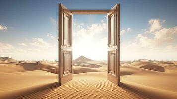 AI generated The opened door on the desert. Unknown and start up concept. AI Generated. photo