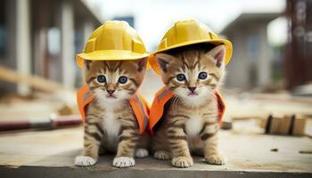 ai generado dos gatitos vistiendo difícil sombreros en un construcción sitio. generativo ai foto