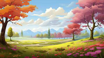 AI generated Spring season with colorful flowers and trees in a pretty meadow or field. AI Generated. photo