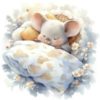 AI generated A sleepy baby mouse in a bedding, watercolor illustration.  AI Generated photo