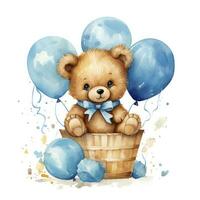 ai generado un acuarela bebé osito de peluche oso es sentado en el cesta con azul y oro globos ai generado foto