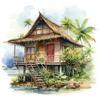 AI generated A watercolored bright serene image of a traditional bahay kubo. AI Generated photo