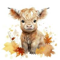 AI generated Happy cute baby highland cow in autumn leaves in the watercolor style. AI Generated photo