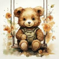 AI generated A cute happy teddy bear swings on a tree on a white background. AI Generated photo