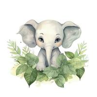 AI generated Happy cute baby elephant in green leaves in the watercolor style. AI Generated photo