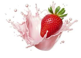 AI generated milk or yogurt splash with strawberries isolated on white background, 3d rendering. AI Generated photo