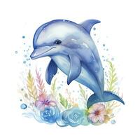 AI generated Watercolor fantasy Baby Dolphin clip art isolated white background. AI Generated photo