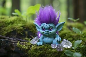 AI generated Tale troll with crystals in the forest, natural green background. Generative AI photo