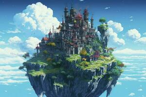 AI generated Ancient Heavenly Floating island in the sky with a castle, vibrant, fantasypunk, AI Generative photo