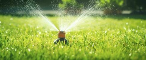 AI generated Automatic garden lawn sprinkler in action watering grass. AI Generated photo