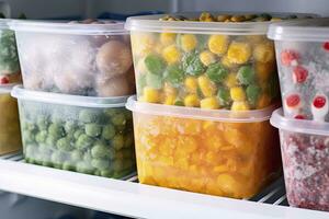 AI generated Frozen food in the freezer. Frozen vegetables. AI Generated photo