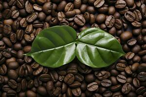 AI generated Green leaves with coffee beans as background. AI Generated photo