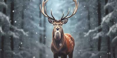 AI generated Noble deer male in the winter snow forest. Artistic winter Christmas landscape. AI Generated photo