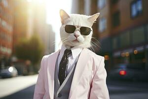 ai generado un gato es vistiendo Gafas de sol, traje y en pie en calle. ai generado foto