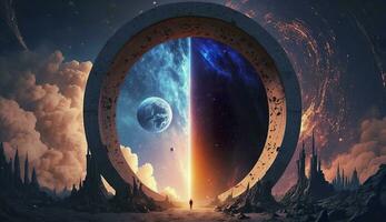 AI generated Portal to another world. Futuristic cosmic landscape with circle tunnel in starry sky. Generative AI photo