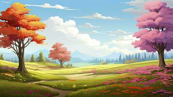 AI generated Spring season with colorful flowers and trees in a pretty meadow or field. AI Generated. photo