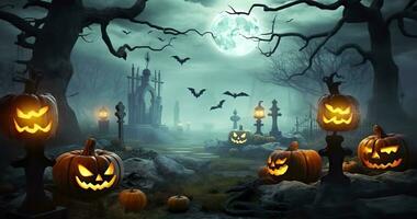AI generated Pumpkins In Graveyard In The Spooky Night, Halloween Backdrop. Generative AI photo