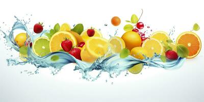 AI generated Swirl water splash with fruits. liquid flow with ice cubes and a mix of fresh fruits. Generative AI photo