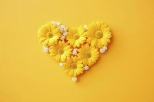 AI generated Yellow Heart Shaped By Yellow Daisies Over Yellow Background. AI Generated photo