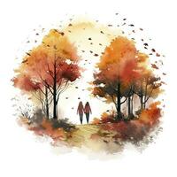 AI generated Watercolor autumn landscape with a couple walking. AI Generated photo