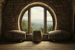 AI generated Barrel in an ancient castle beside the window. AI Generated photo