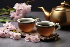 AI generated Traditional ceremony. Cups of brewed tea, teapot and sakura flowers on grey table. Generative AI photo