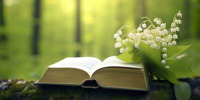 ai generado lirio de el Valle flores y antiguo libros en el bosque, verde natural antecedentes. ai generado foto