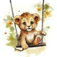 AI generated Cute happy baby lion on swings attached to the tree in watercolor style. AI Generated photo