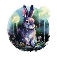 AI generated Watercolor Rabbit and Glowing Moon for T-shirt Design. AI Generated photo