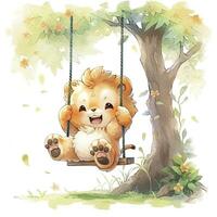 AI generated Cute and happy baby lion on swings on the tree in watercolor style. AI Generated photo