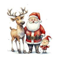 AI generated Cute Santa Claus standing with reindeer. AI Generated photo