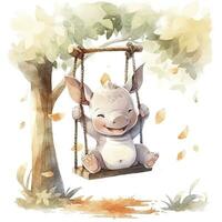 AI generated Cute happy baby rhino on swings in the tree in watercolor style. AI Generated photo