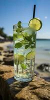 AI generated Stunning photo of cocktail mojito, a sunny summer beach in the background. Generative AI