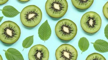 ai generado rebanadas de kiwi Fruta y verde menta hojas en un ligero pastel azul antecedentes. ai generado foto