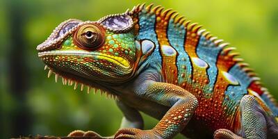 AI generated A colorful close up chameleon with a high crest on its head. Generative AI photo