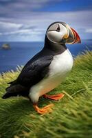 AI generated Puffin bird on a green grass patch. AI Generated photo