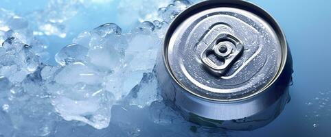 AI generated Top of drink tin can iced submerged in frost ice, metal aluminum beverage. Generative AI photo